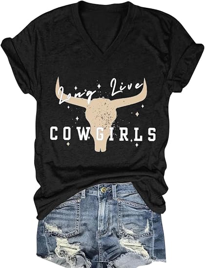 Western Country Shirt for Women Cowgirl T Shirts V Neck Short Sleeve Tops - skull tshirt