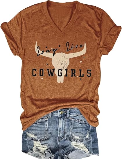 Western Country Shirt for Women Cowgirl T Shirts V Neck Short Sleeve Tops - skull tshirt