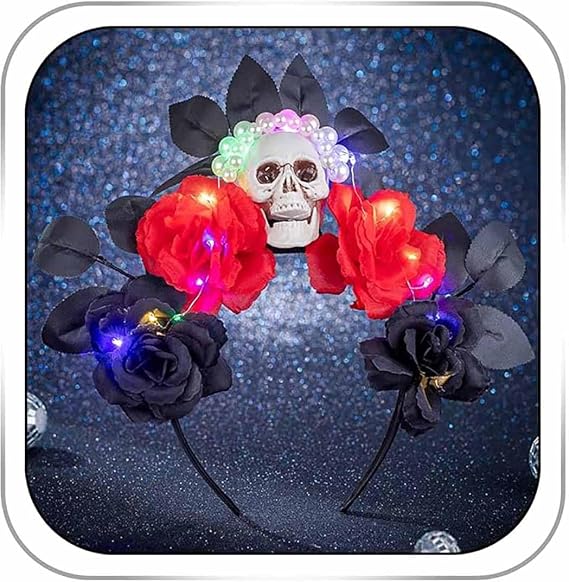 Light Up Halloween Headband Flower Crown Headbands Day of the Dead Headpieces Skull Glitter Costume Hair Accessories for Women - skull headband