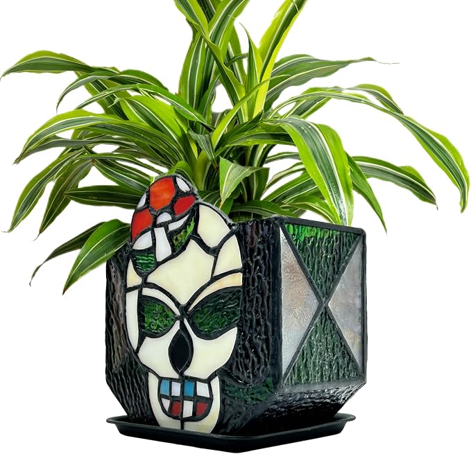 Tiffany Stained Glass Skull Planter,Planters for Indoor Plants,Skull Flower Pot,Candy Bowl,Halloween Planter Decorations 4.6x3x5.15 in - skull candle