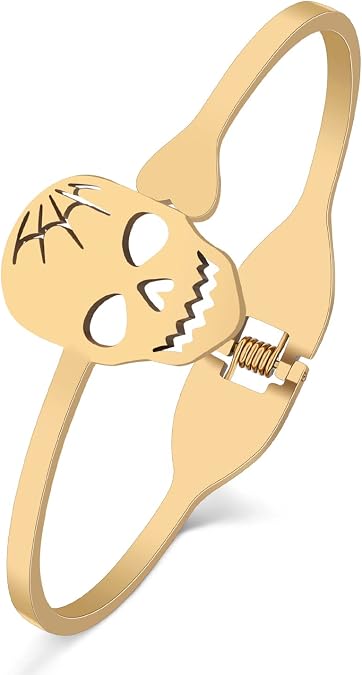 Halloween Stainless Steel 18K Gold Silver Plated Spooky Skull Bangle Cuff Bracelets Novelty Festival Jewelry For Women Party Gifts - skull plate
