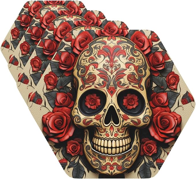 Coasters for Drinks Drink Coaster set of 4 Leather Coasters Red rose sugar skull Coaster PU Beverage Cup Mat Heat Resistant Cup Mat for Coffee Table Home Decor Tabletop Protection Mats Hexagon - skull coaster
