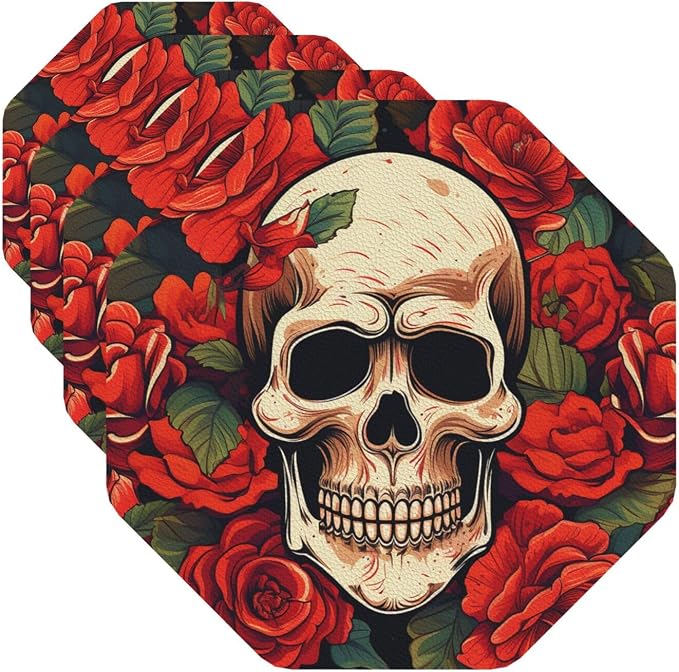 Coasters for Drinks Drink Coaster set of 4 Leather Coasters Sugar Skull Rose Coaster PU Beverage Cup Mat Heat Resistant Cup Mat for Coffee Table Home Decor Tabletop Protection Mats Octagon - skull coaster
