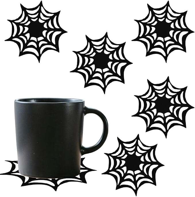 Halloween Drink Coasters Set of 6 Black Spider Web Coaster Spider Web Drink Coasters for Tabletop Protection Coffee Table Decor for Home Office Kitchen Bar Halloween Decor Doilies Placemats Set of 6 - skull coaster