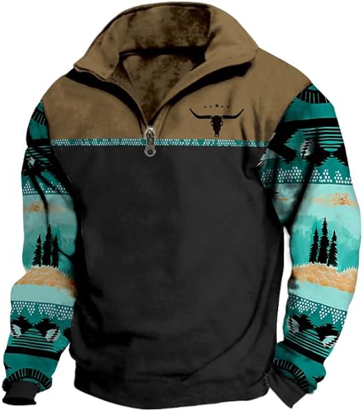 DMOYALA 2024 Western Sweater Men Aztec Sweatshirts Vintage Western Aztec Hoodies Quarter Zip Up Pullover Sweatshirt - skull sweatshirts