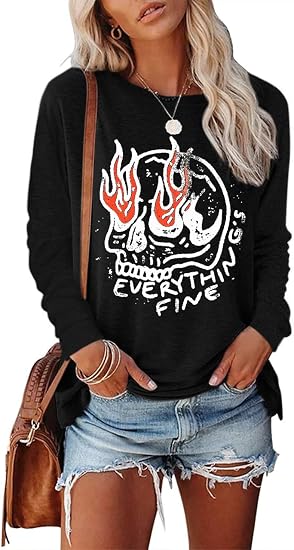 Women's Western Cowgirl Long Sleeve Shirts Vintage Country Music Fall T-Shirt Hiking Travel Sweatshirt Tops - skull jacket