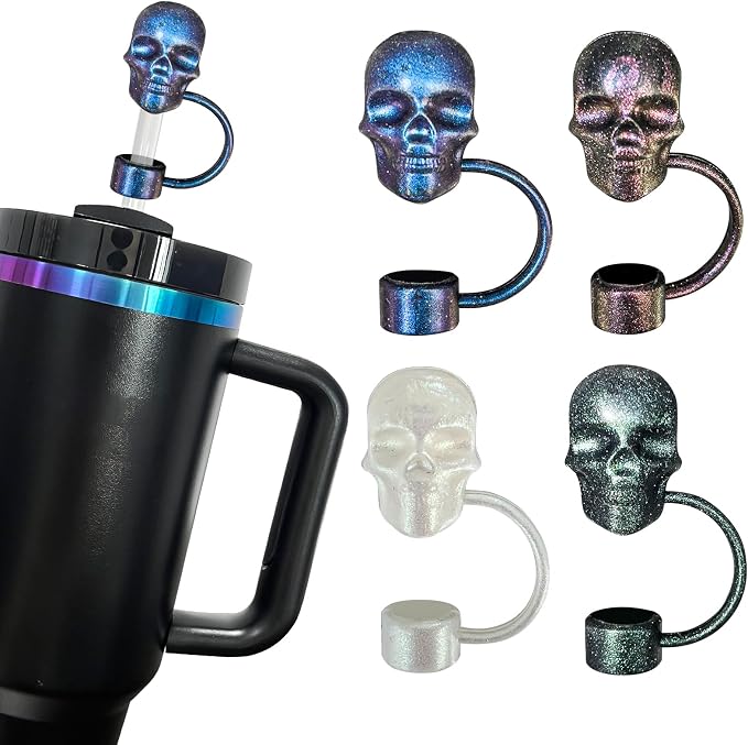 4Pcs Laser Skull Straw Topper, Halloween Straw Cover Cap for Stanley Cup, 3D Skull Covers for 30&40 Oz Tumbler, 10mm Reusable Drinking Straw Caps, Cup Accessories Halloween Gifts - skull bottle