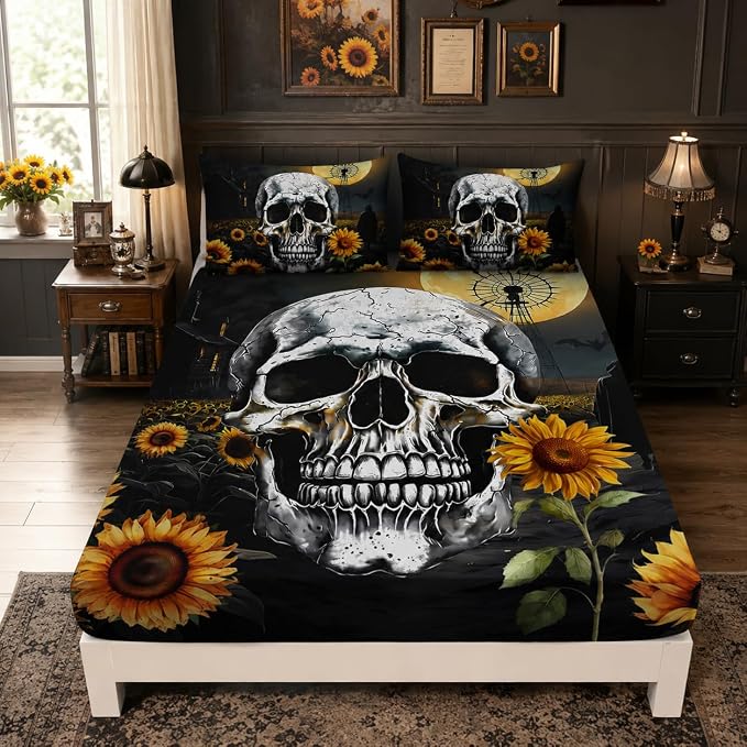 Skull Twin Size Bedding for Room Decor,1 Fitted Sheet+2 Pillowcases.