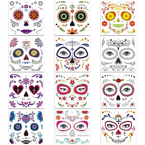 Halloween Temporary Face Tattoos Makeup Kit 12 Pack Day of the Dead Sugar Skull Floral Black Skeleton Full Face Mask Stickers for Festival Party DIY Self Adhesive Masquerade Face Tattoo Decals - sugar skull makeup