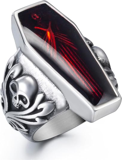 Skull Rings for Men Stainless Steel Gothic Vampire Bloody Red Enamel Coffin Bike Jewelry Size 8-14 - skull ring
