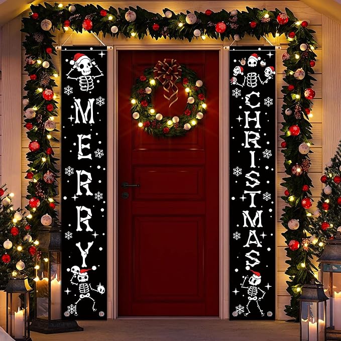 Christmas Door Banner Funny Skeleton Hanging Sign Spooky Vibes Front Door Decor Yard Wall Indoor Outdoor Party Decorations 12x71 Inch - skeleton