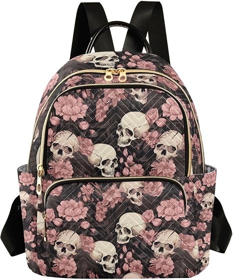 ALAZA Skeleton Skull Pink Flowers Mini Backpack Purse for Women Travel Bag Lightweight Shoulder Bag Fashion Daypack - sugar skull handbags for sale