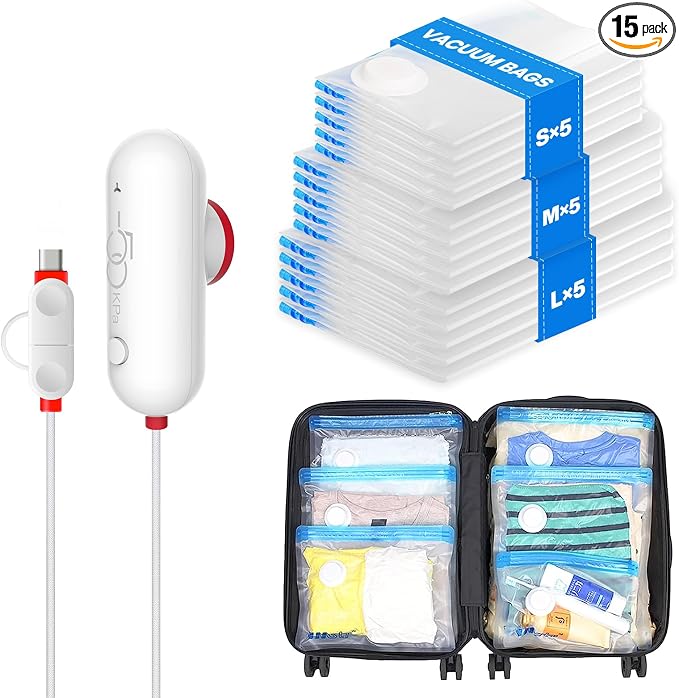 VMstr 15 Pack Travel Vacuum Storage Bags with USB Pump, Vacuum Packing Seal for Luggage and Suitcase, Space Saver for Clothes and Clothing Travel - skull suitcase