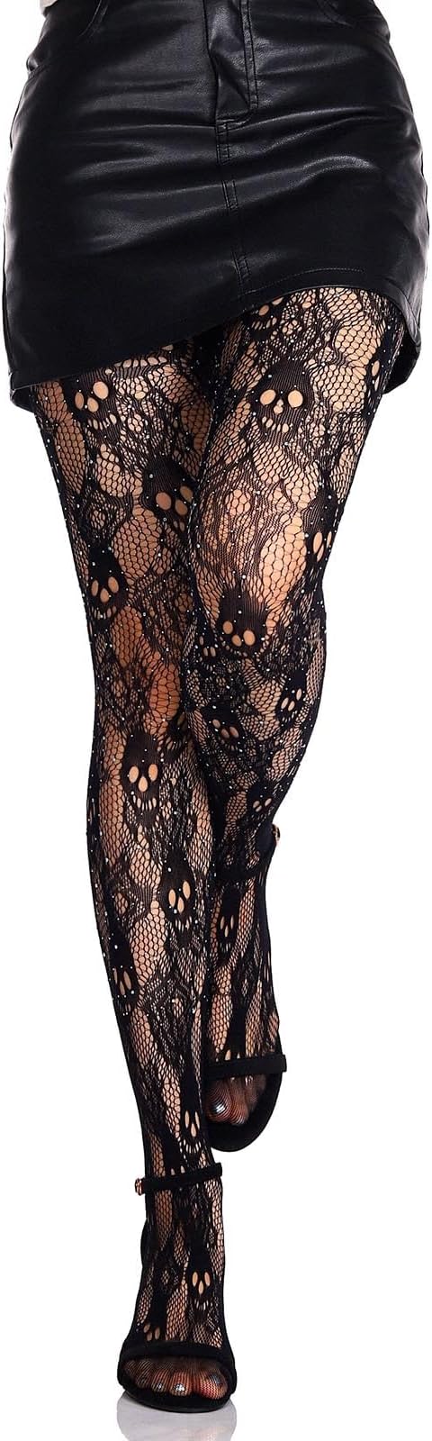 Olbye Black Fishnet Stockings Skull Tights Rhinestone Spiderweb Thigh High Waist Leggings Halloween Goth Tights for Women - sugar skull dress