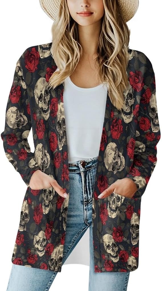 Gothic Skull Women Cardigan Sweaters Casual Open Front Cardigans Soft Draped Long Sleeve Jackets Dusters V-Neck Tops - skull sweatshirts