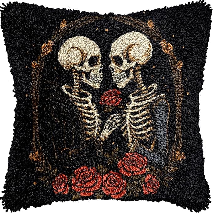 Generic Skull Skeleton Lover Rose Latch Hook Pillow Kits Color Printed Cushion Crochet Yarn Needlework DIY Hook Latch Kit Pillowcase Rug Cover Home Sofa Christmas Decor 43x43cm