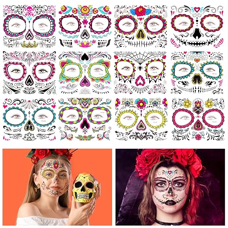 12 Sheet Day of the Dead Face Tattoos, Halloween Temporary Tattoos Face Sticker Skeleton Sugar Skull Fake Tattoos for Halloween, Masquerade and Parties - sugar skull makeup