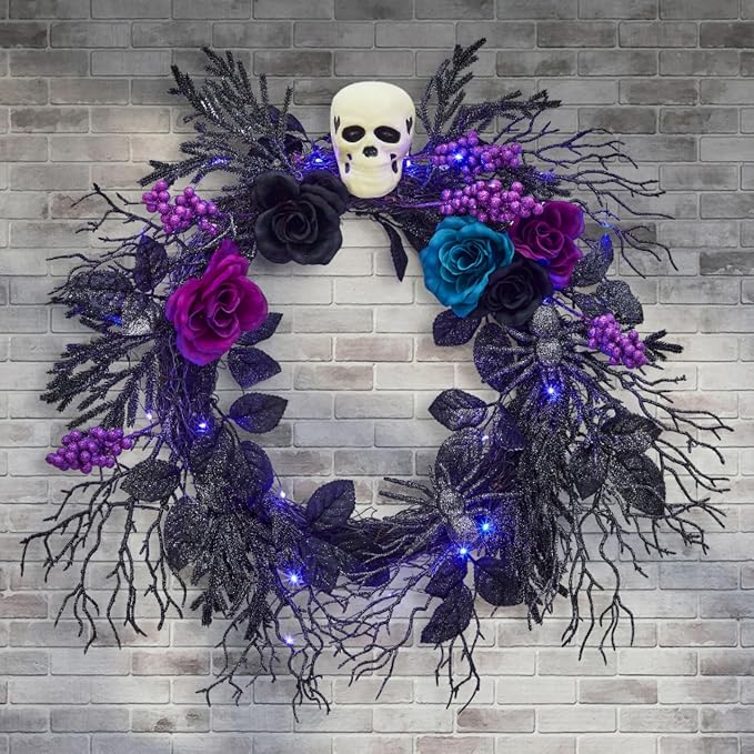 GarveeLife Halloween Skull Wreath for Front Door with Lights, 20 in Pre-Lit Black Purple Rose Spider, Gothic Garland Creepy Decor for Home Wall Porch Outdoor Indoor - skull wreath