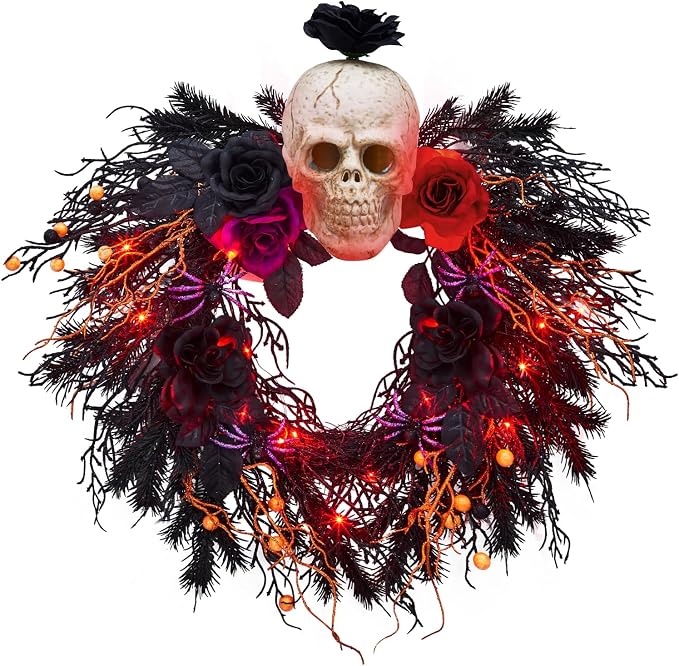 GarveeHome 20 in Halloween Wreath for Front Door, Halloween Artificial Wreath with Spider, Scary Skull, Rose, Red and Black Halloween Decor Wreath with Lights for Window Wall Party Holiday - skull wreath