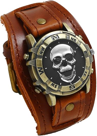 Avaner Vintage Punk Leather Watches: Retro Bronze Skull Wide Band Quartz Cuff Watches for Men - skull watch