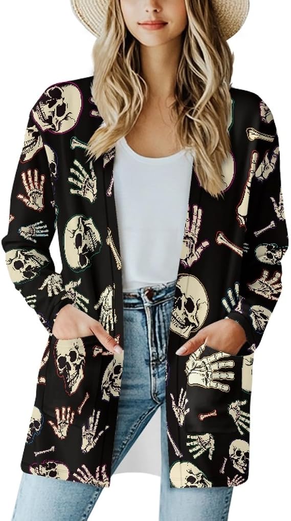 Gothic Skull Women Cardigan Sweaters Casual Open Front Cardigans Soft Draped Long Sleeve Jackets Dusters V-Neck Tops - skull jacket