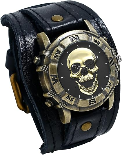 Avaner Vintage Punk Leather Watches: Retro Bronze Skull Wide Band Quartz Cuff Watches for Men - skull watch