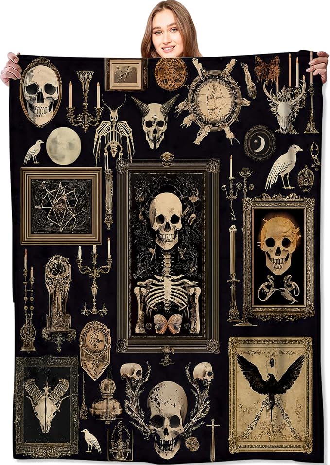 Gothic Skull Witchy Blanket Goth Skeleton Vintage Picture Frame Throw Blankets,Gifts for Kids Adult Women Men,Lightweight Soft Fleece,Horror Lovers,Sofa Couch Bed Room Halloween Decor 50x60in - skull blanket