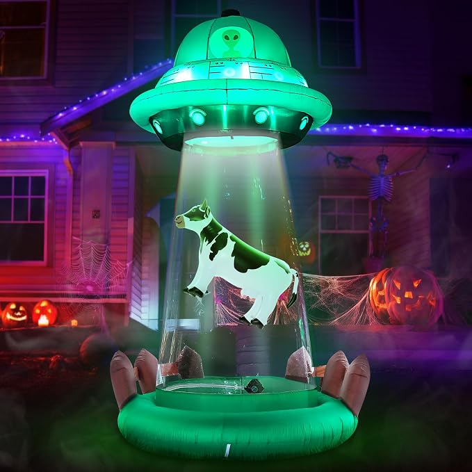 ZPISF 10 FT Halloween Inflatables UFO with Floating Cow Outdoor Decorations - skull inflatable