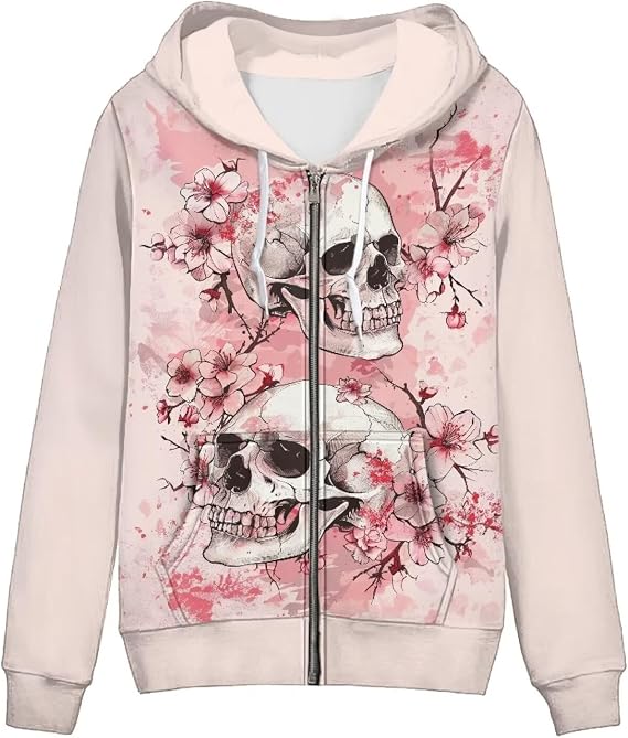 Thin Oversized Zip Up Hoodie with Pockets Women Lightweight Sweater Graphic Sweatshirts for Women Size XS-5XL - skull hoodie