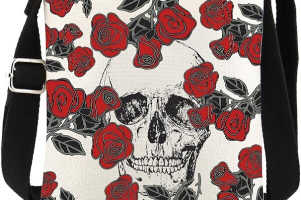 FUSTMW Skull Crossbody Bag – Skeleton Lover Gifts with Rose Print, Purse, Shoulder Strap