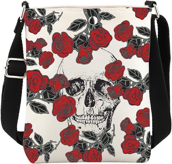 FUSTMW Skull Crossbody Bag - Skeleton Lover Gifts with Rose Print, Purse, Shoulder Strap - sugar skull handbags for sale