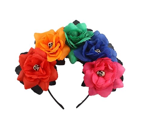 Women's Bohemian Rose Flower Crown Mexican Day of The Dead Headband Halloween Party Costume Headpiece (A- Colorful 2, Free) - skull headband