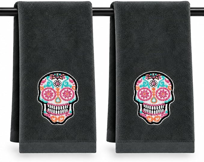 Halloween Gray Bathroom Fingertip Towels , Sugar Skull , Set of 2 , 11x18" - skull toilet paper