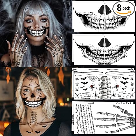 8Pcs Skeleton Face Tattoo Halloween Accessories，Halloween Tattoos Ghost Face Temporary Tattoo,Halloween Make Up Halloween Face Tattoos Stickers Zombie Makeup Kit (A-8 skeleton face tattoo) - skull sticker