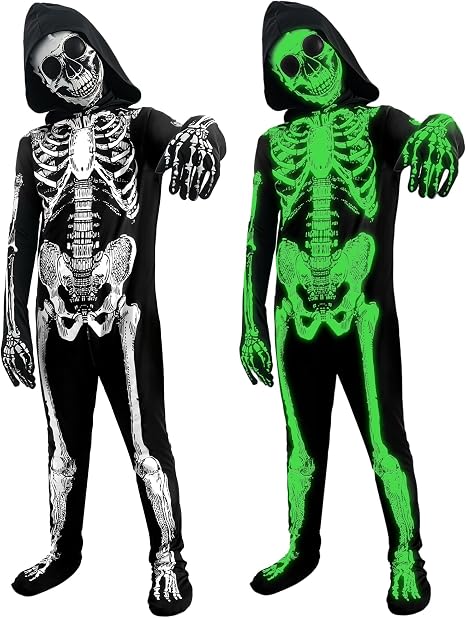 BOMLY Kids Halloween Glow in the Dark Skeleton Costume Scary Bones Jumpsuit - skeleton