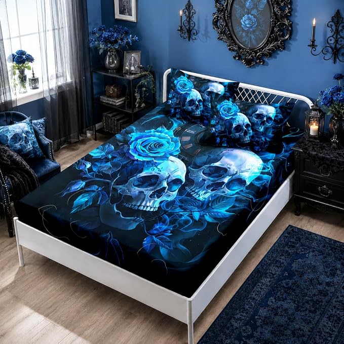 HOSIMA Death Skull Heads Queen Bedding Sets,1 Fitted Sheet+2 Pillowcases. - skull bedding
