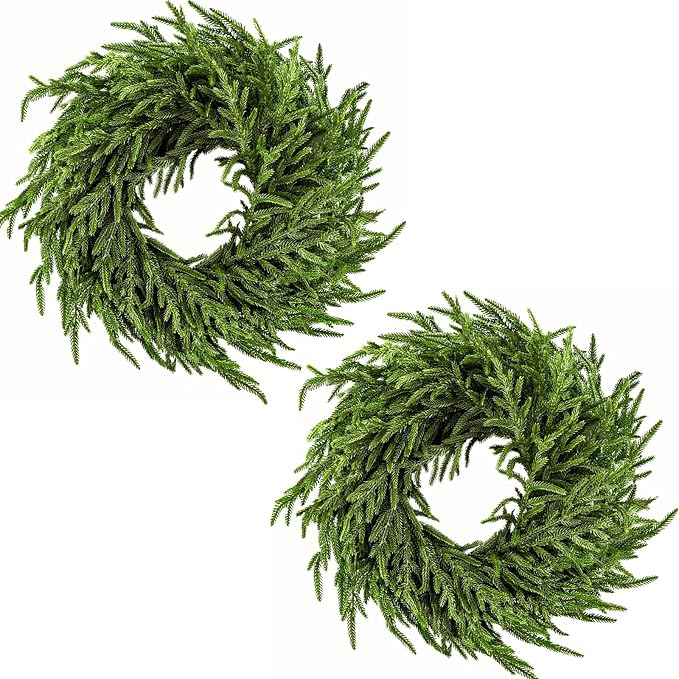 ENVEN 2 Pack Artificial Christmas Wreaths for Front Door, Norfolk Pine & Cedar Greenery with Red Velvet Bows, Real Touch Holiday Wreaths for Indoor Outdoor Decoration, No Assembly Needed - skull wreath