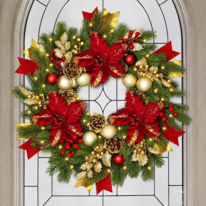 24″ Christmas Wreaths for Front Door with Lights & Poinsettia Flowers