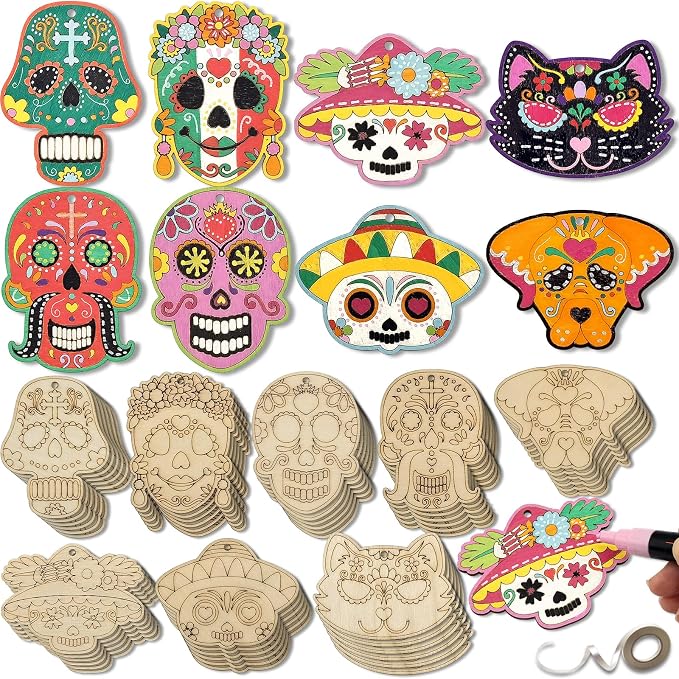 Generic 48-Piece Day of The Dead Sugar Skull Craft Kit – Unfinished Wooden Ornaments – DIY Paint & Hang – Adults