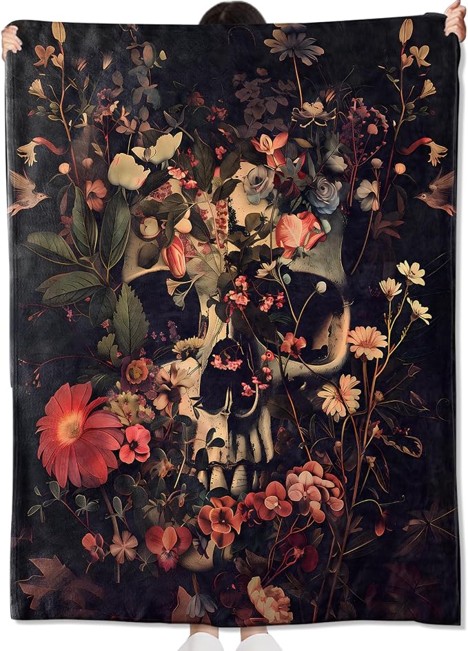 Gothic Floral Skull Blanket Gifts for Kids Adult Women,Dark and Moody Goth Flannel Throw Blankets,Soft Comfy Lightweight for Halloween Couch Bed Artistic Modern Decor,Horror Lovers 60x50in - skull blanket
