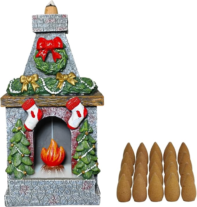 Hosley Christmas Fireplace Backflow Incense Burner, 7-Inch Resin Décor with 20 Apple Cinnamon Cones, Holiday Home Fragrance & Décor - skull incense burner