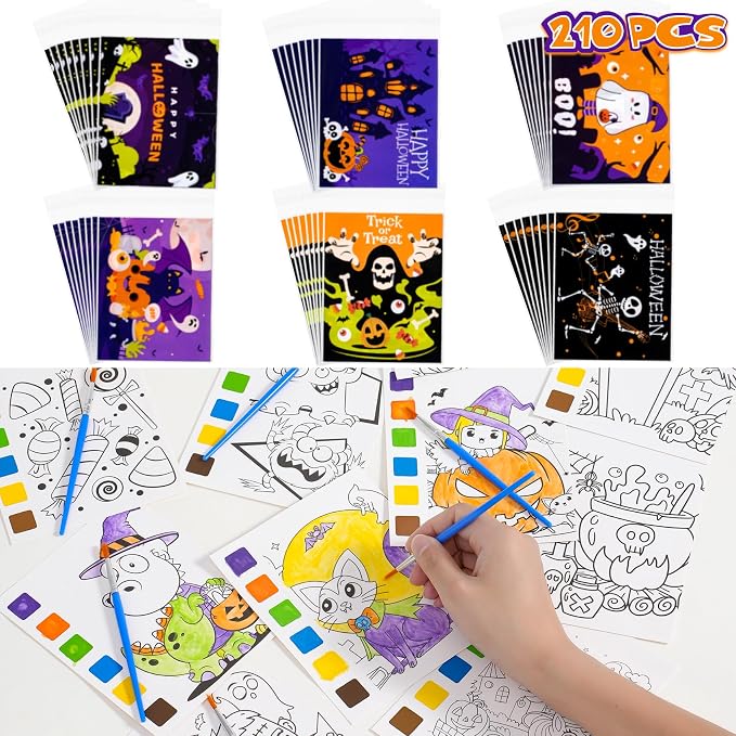 Rotu Halloween Party Favors for Kids - Halloween Water Coloring Books, Goodie Bags, Paintbrushes, Classroom Prizes Trick or Treat Gifts for Kids Goodie Bag Stuffers Fillers, 210Pcs - skull painting