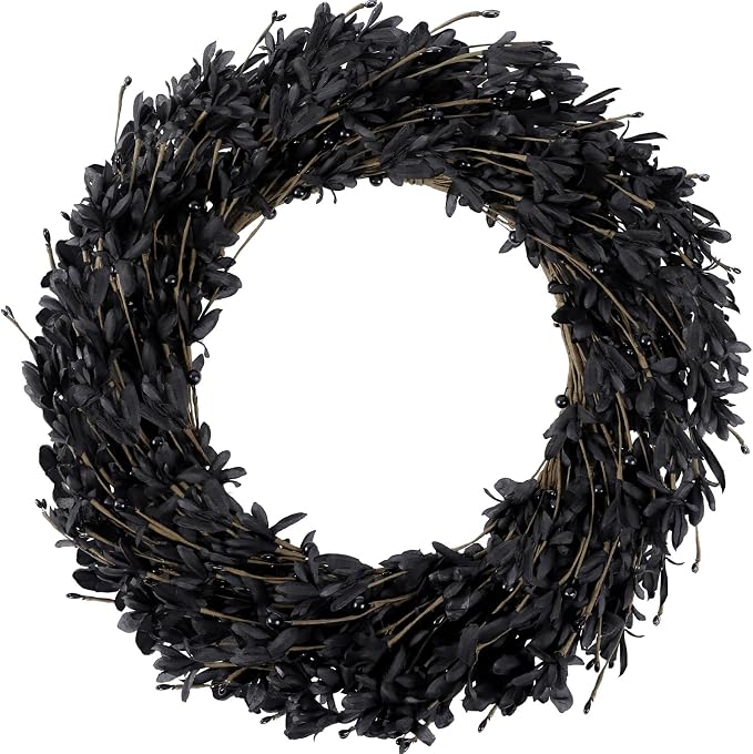 Ureymx 20'' Artificial Forsythia Wreath Spring Summer Fall Winter Wreaths for Front Door with Berries Silk Leaves Wreath for Halloween Decorations Porch Wall Window Indoor Outdoor Home Decor (Black) - skull wreath