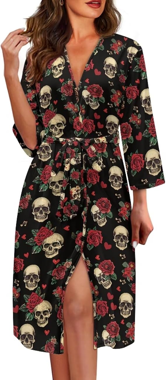 Women's Kimono Robes Long Nightgowns Lightweight Cozy Sleepwear Casual V Neck Night Robe Lounge Wear - skull pajamas