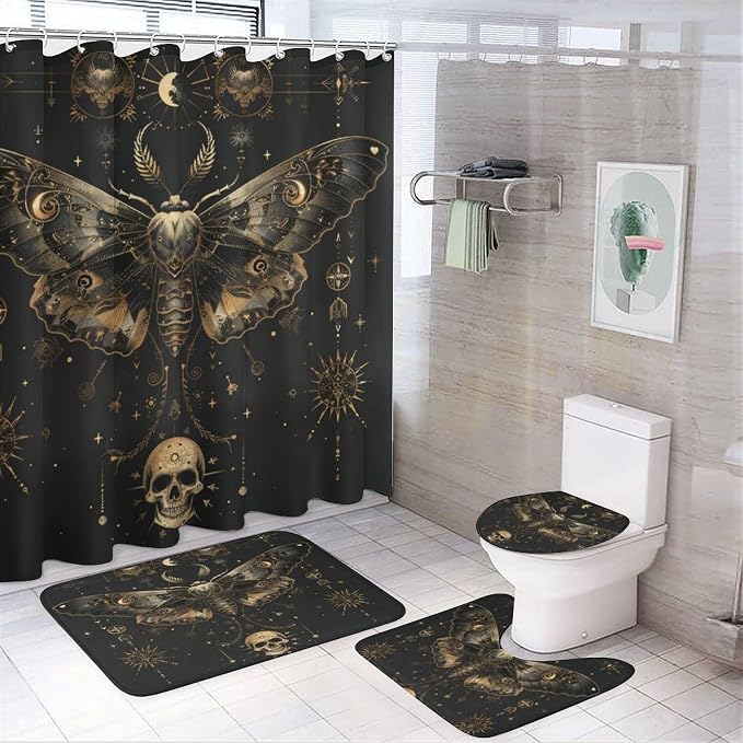 4Pcs Retro Star Moon Moth Shower Curtain Sets Bathroom Decor, Gothic Halloween Butterfly Scary Skull Shower Curtain with Non Slip Rug, Toilet Lid Cover, Bath Mat and 12 Hooks 72W x 72L - skull toilet mat
