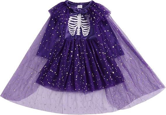 Yccutest Toddler Halloween Velvet Tutu Dress + Tulle Cape Baby Girl 2 Piece Pumpkin Costume Halloweeen Skeleton Dress Set - sugar skull dress