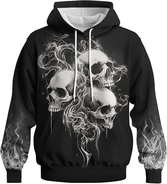 Men’s Casual Skull Hoodies Sweatshirt Vintage Graphic Pullover Long Sleeve with Pocket