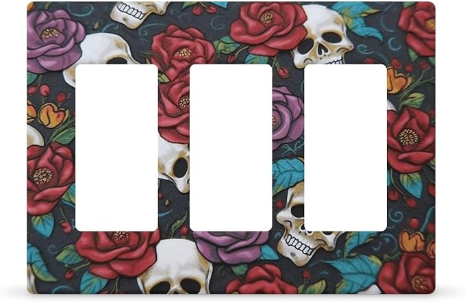 Wall Plate Toggle Switch Plate 2 Gang Outlet Cover Sugar Skull Flowers Witch Cover Decorative WallPlate Switch Plates Plug Cover for Kitchen Bedroom Living Room Three Holes - skull plate