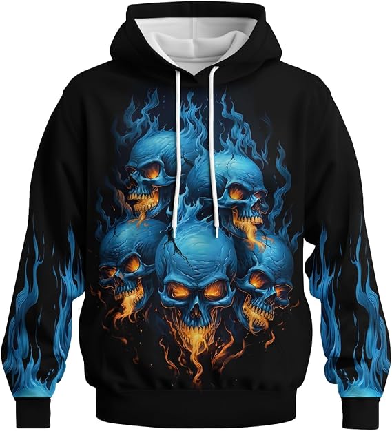 Men's Casual Skull Hoodies Sweatshirt Vintage Graphic Pullover Long Sleeve with Pocket - skull hoodie
