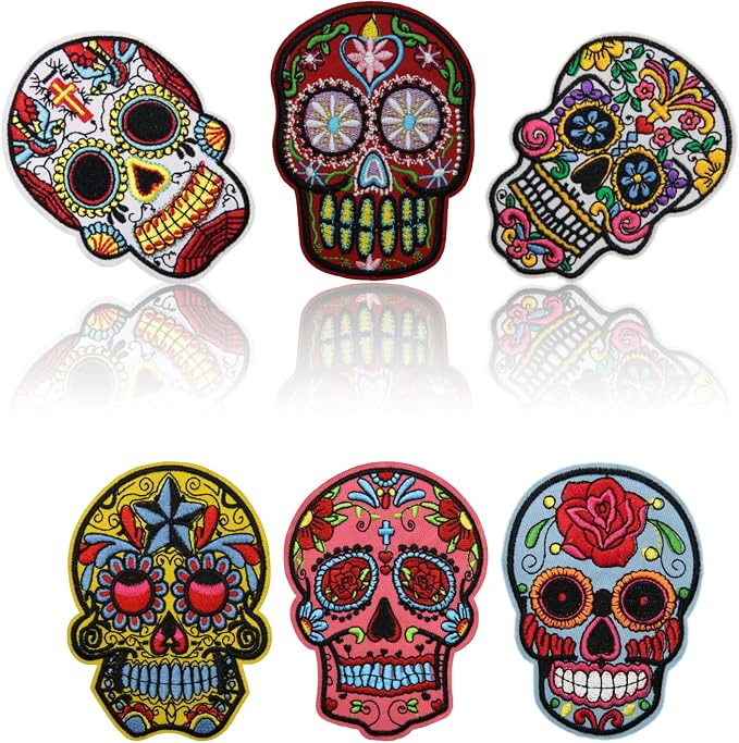 6PCS Sugar Skull Iron on Patches, Calavera Embroidered Repair Patches for Clothes, Custom Vintage Day of the Dead Applique for Hats, Jeans, Jackets, Bags, Backpacks, Dress - sugar skull dress